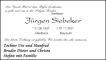 Traueranzeige von Jürgen Siebeker von WVW Anzeigenblätter