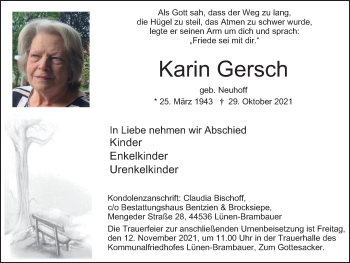 Traueranzeige von Karin Gersch von WVW Anzeigenblätter