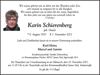 Traueranzeige von Karin Schierenberg von WVW Anzeigenblätter