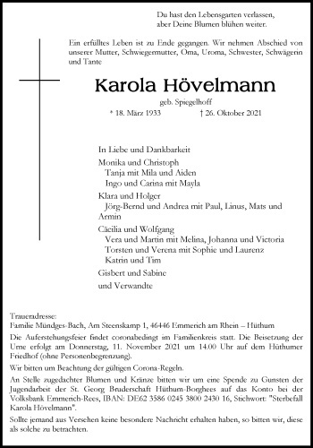 Traueranzeige von Karola Hövelmann von WVW Anzeigenblätter