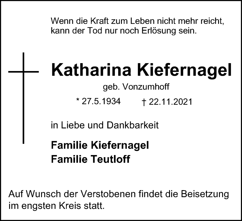  Traueranzeige für Katharina Kiefernagel vom 27.11.2021 aus WVW Anzeigenblätter