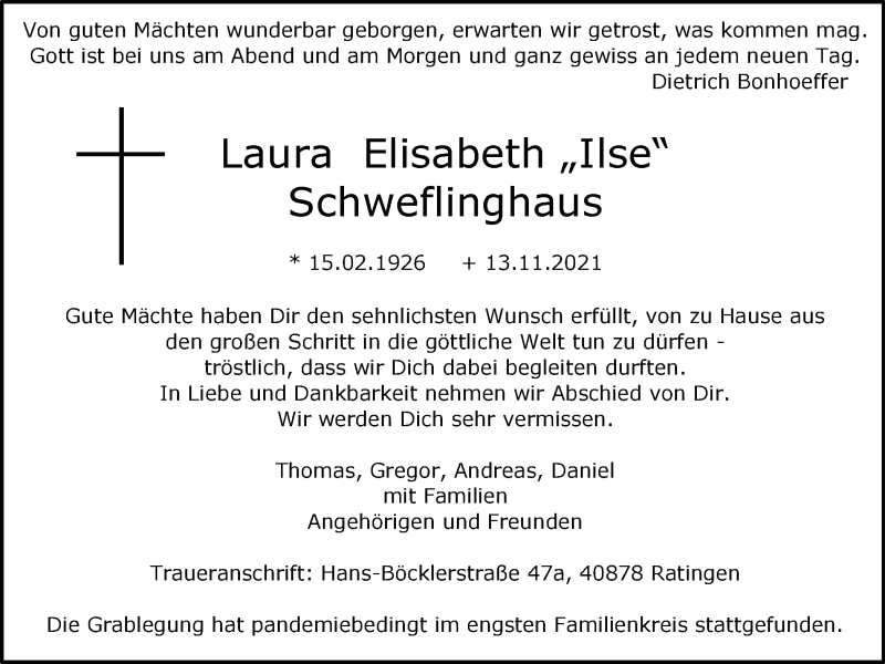  Traueranzeige für Laura Elisabeth Schweflinghaus vom 27.11.2021 aus WVW Anzeigenblätter