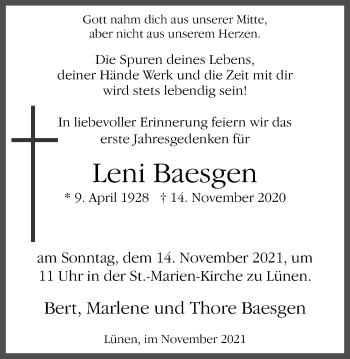 Traueranzeige von Leni Baesgen von WVW Anzeigenblätter