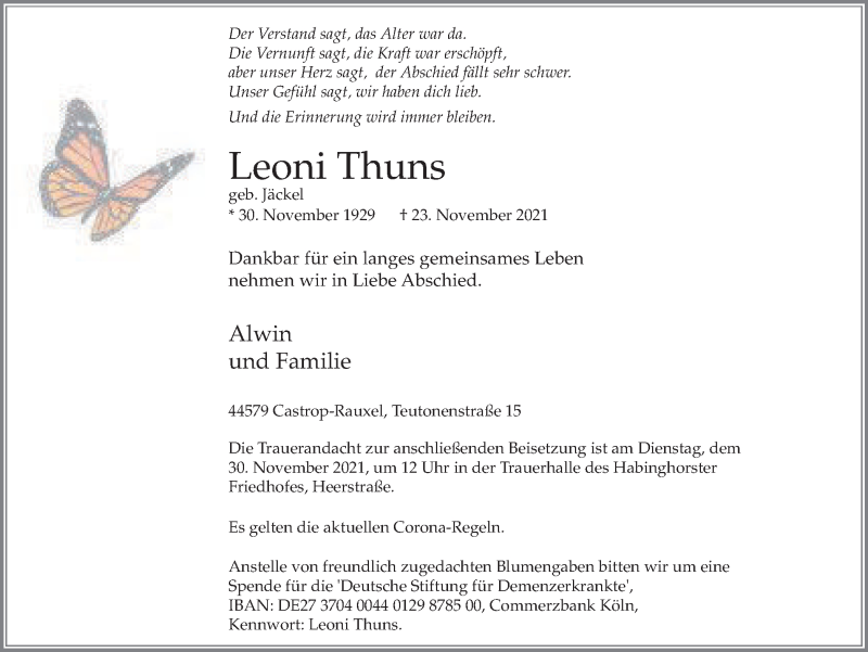  Traueranzeige für Leoni Thuns vom 27.11.2021 aus WVW Anzeigenblätter