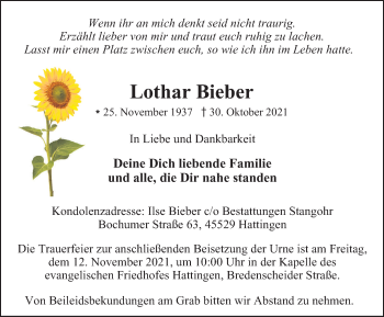 Traueranzeige von Lothar Bieber von WVW Anzeigenblätter