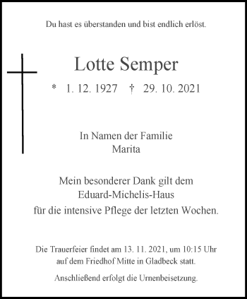 Traueranzeige von Lotte Semper von WVW Anzeigenblätter