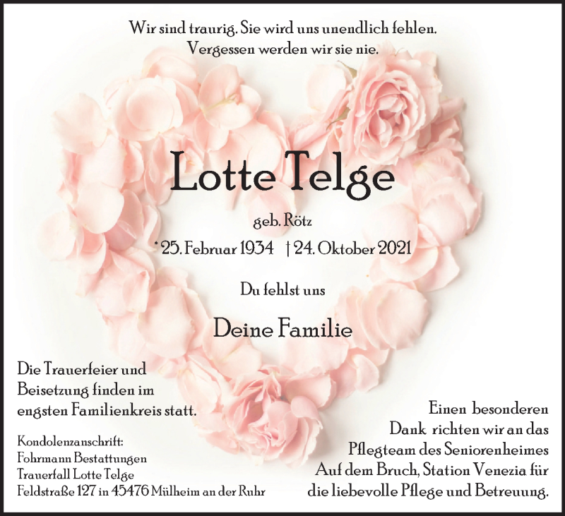  Traueranzeige für Lotte Telge vom 06.11.2021 aus WVW Anzeigenblätter