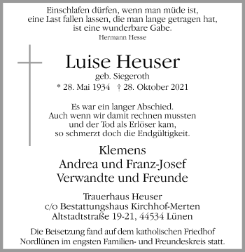 Traueranzeige von Luise Heuser von WVW Anzeigenblätter