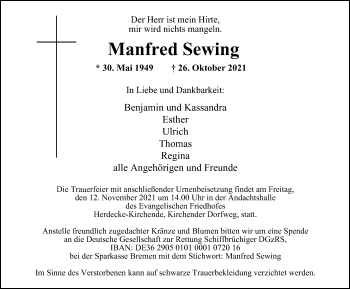 Traueranzeige von Manfred Sewing von WVW Anzeigenblätter