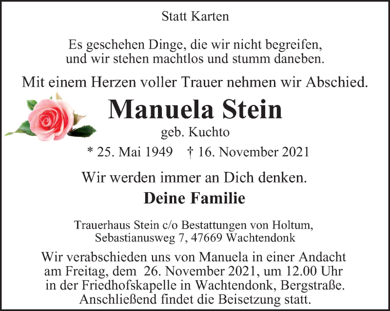  Traueranzeige für Manuela Stein vom 24.11.2021 aus WVW Anzeigenblätter