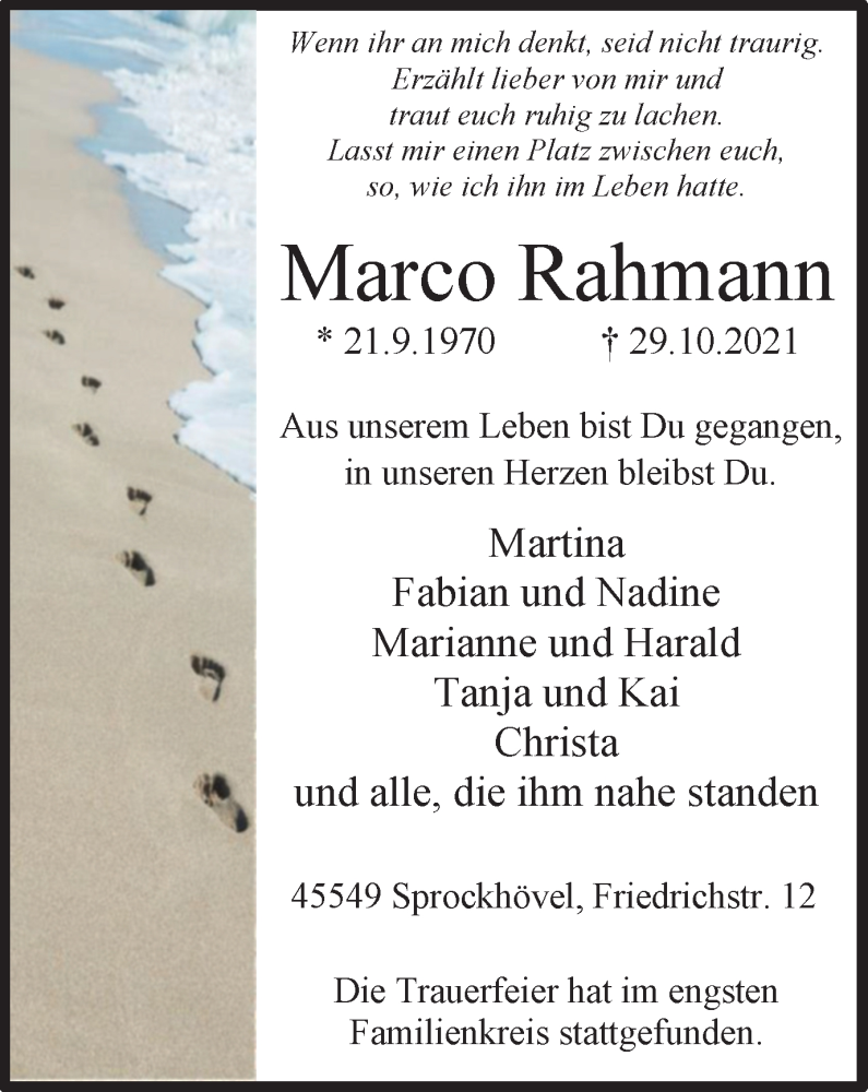  Traueranzeige für Marco Rahmann vom 13.11.2021 aus WVW Anzeigenblätter