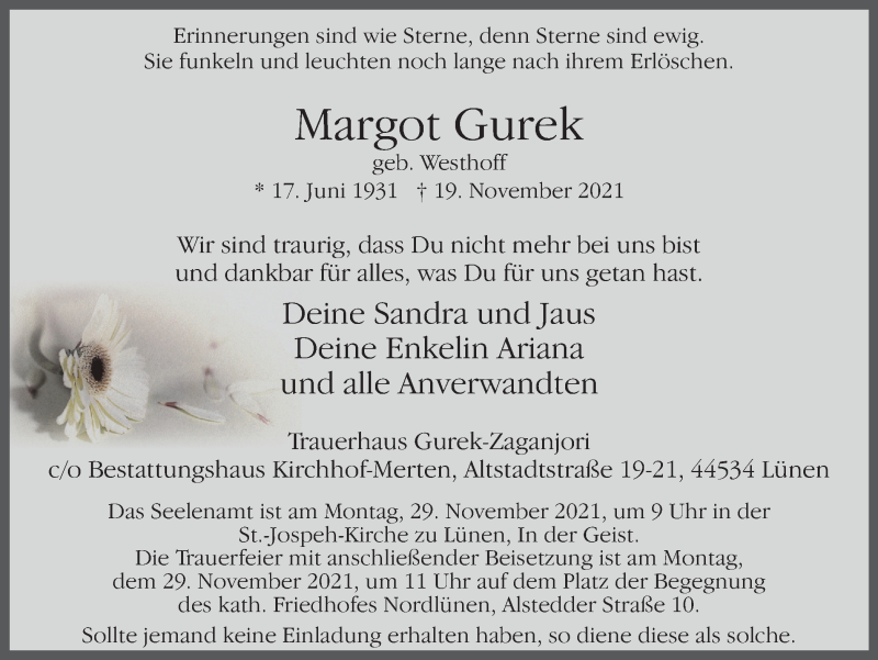  Traueranzeige für Margot Gurek vom 27.11.2021 aus WVW Anzeigenblätter