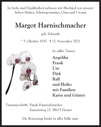Traueranzeige von Margot Harnischmacher von WVW Anzeigenblätter