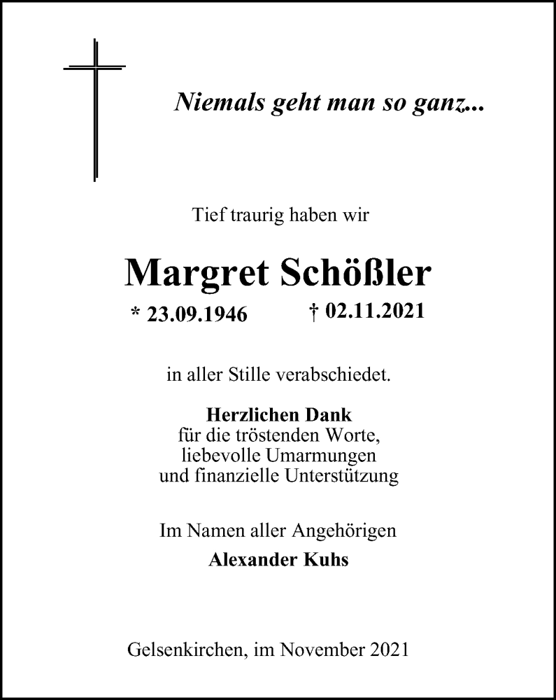  Traueranzeige für Margret Schößler vom 20.11.2021 aus WVW Anzeigenblätter