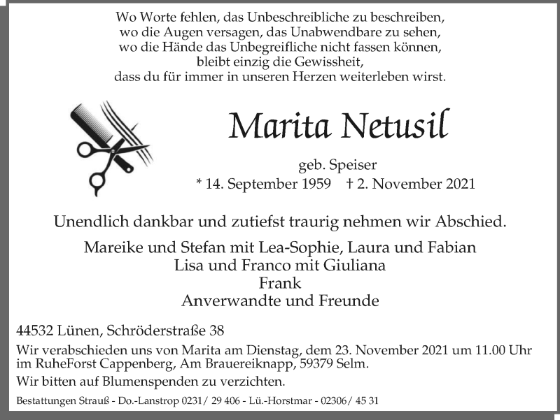  Traueranzeige für Marita Netusil vom 20.11.2021 aus WVW Anzeigenblätter