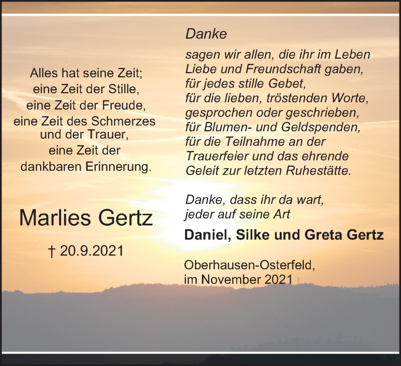  Traueranzeige für Marlies Gertz vom 20.11.2021 aus WVW/ORA