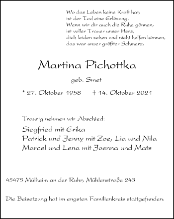 Traueranzeige von Martina Pichottka von WVW Anzeigenblätter