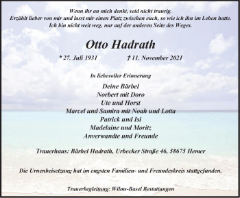 Traueranzeige von Otto Hadrath von WVW Anzeigenblätter