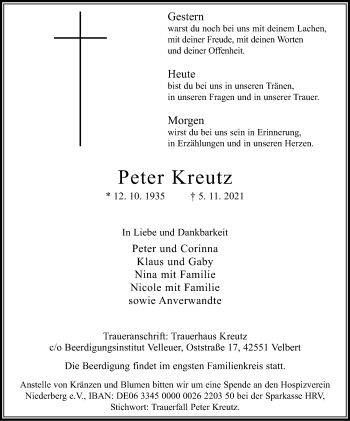 Traueranzeige von Peter Kreutz von WVW Anzeigenblätter