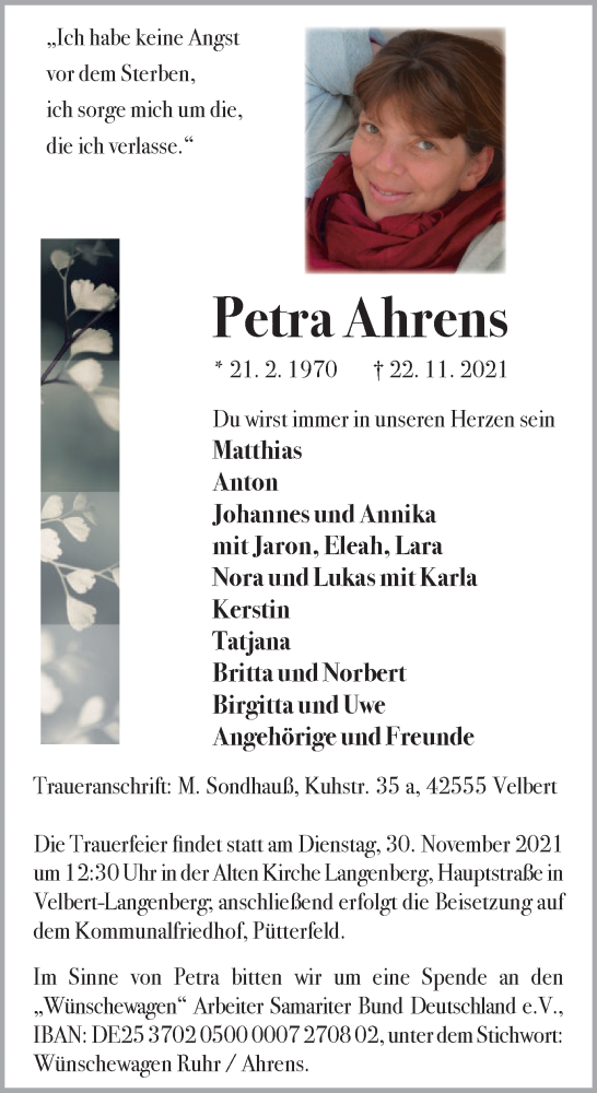  Traueranzeige für Petra Ahrens vom 27.11.2021 aus WVW Anzeigenblätter