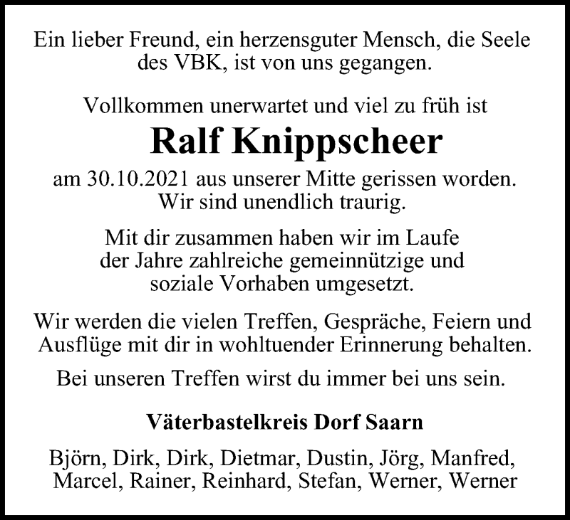  Traueranzeige für Ralf Knippscheer vom 10.11.2021 aus WVW Anzeigenblätter
