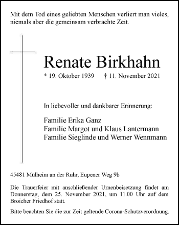 Traueranzeige von Renate Birkhahn von WVW Anzeigenblätter
