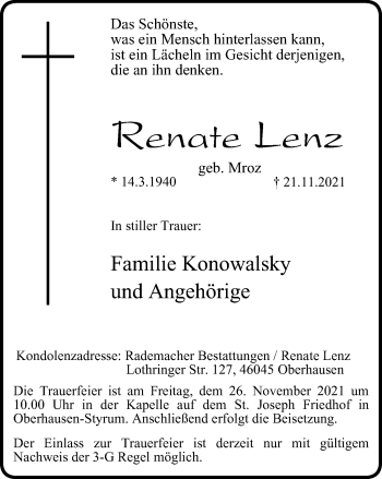 Traueranzeige von Renate Lenz von WVW Anzeigenblätter