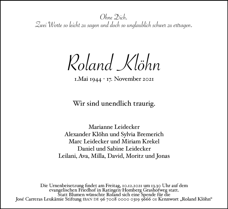  Traueranzeige für Roland Klöhn vom 27.11.2021 aus WVW Anzeigenblätter