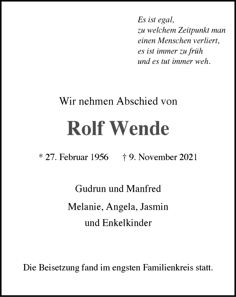  Traueranzeige für Rolf Wende vom 27.11.2021 aus WVW Anzeigenblätter