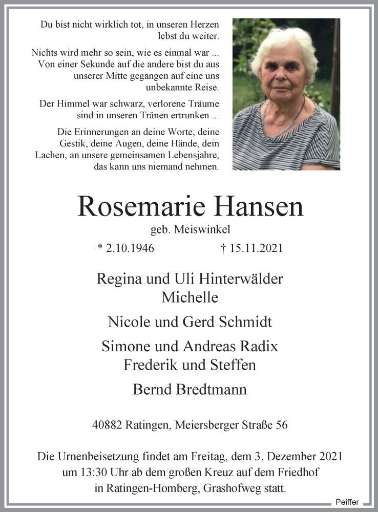  Traueranzeige für Rosemarie Hansen vom 27.11.2021 aus WVW Anzeigenblätter
