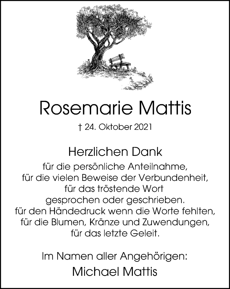  Traueranzeige für Rosemarie Mattis vom 27.11.2021 aus WVW Anzeigenblätter