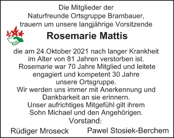 Traueranzeige von Rosemarie Mattis von WVW Anzeigenblätter