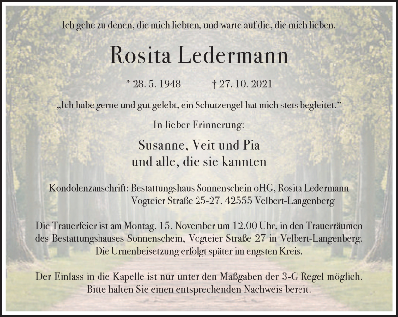  Traueranzeige für Rosita Ledermann vom 06.11.2021 aus WVW Anzeigenblätter