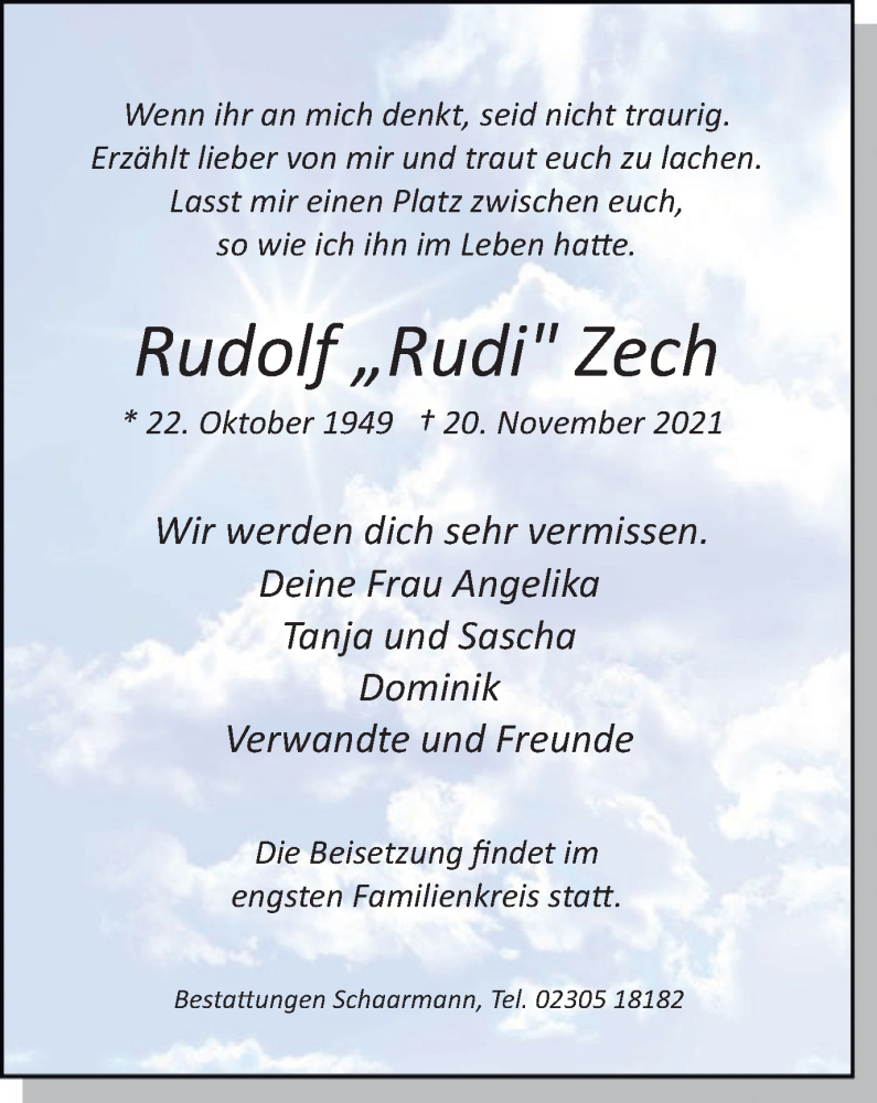  Traueranzeige für Rudolf Zech vom 27.11.2021 aus WVW Anzeigenblätter