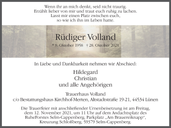 Traueranzeige von Rüdiger Volland von WVW Anzeigenblätter