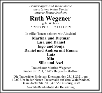 Traueranzeige von Ruth Wegener von WVW Anzeigenblätter