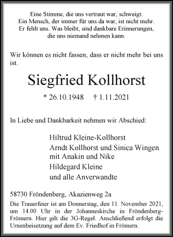 Traueranzeige von Siegfried Kollhorst von WVW Anzeigenblätter