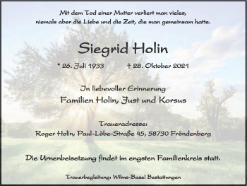 Traueranzeige von Siegrid Holin von WVW Anzeigenblätter
