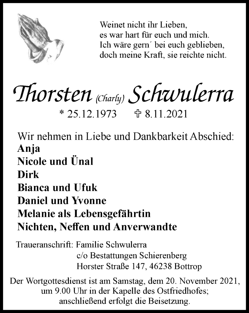  Traueranzeige für Thorsten Schwulerra vom 17.11.2021 aus WVW Anzeigenblätter