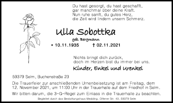 Traueranzeige von Ulla Sobottka von WVW Anzeigenblätter