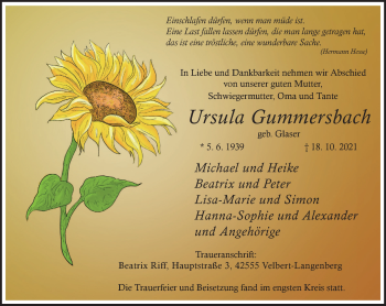 Traueranzeige von Ursula Gummersbach von WVW Anzeigenblätter
