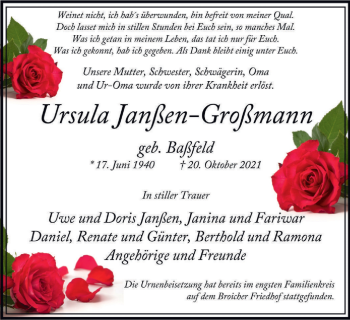 Traueranzeige von Ursula Janßen-Großmann von WVW Anzeigenblätter