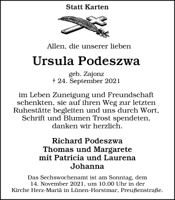 Traueranzeige von Ursula Podeszwa von WVW Anzeigenblätter