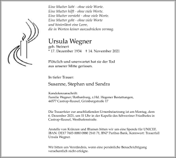 Traueranzeige von Ursula Wegner von WVW Anzeigenblätter
