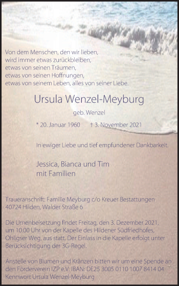 Traueranzeige von Ursula Wenzel-Meyburg von WVW Anzeigenblätter