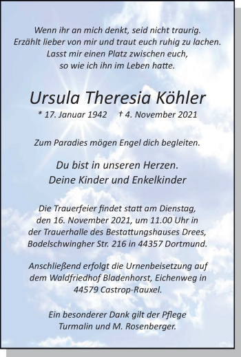 Traueranzeige von Ursula Theresia Köhler von WVW Anzeigenblätter