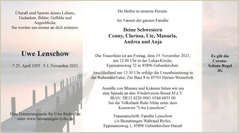  Traueranzeige für Uwe Lenschow vom 13.11.2021 aus WVW Anzeigenblätter