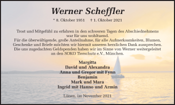 Traueranzeige von Werner Scheffler von WVW Anzeigenblätter