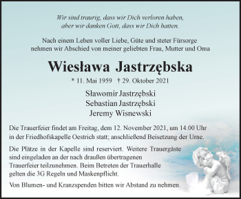 Traueranzeige von Wieslawa Jastrzebska von WVW Anzeigenblätter