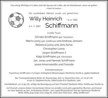 Traueranzeige von Willy Heinrich Schiffmann von WVW Anzeigenblätter